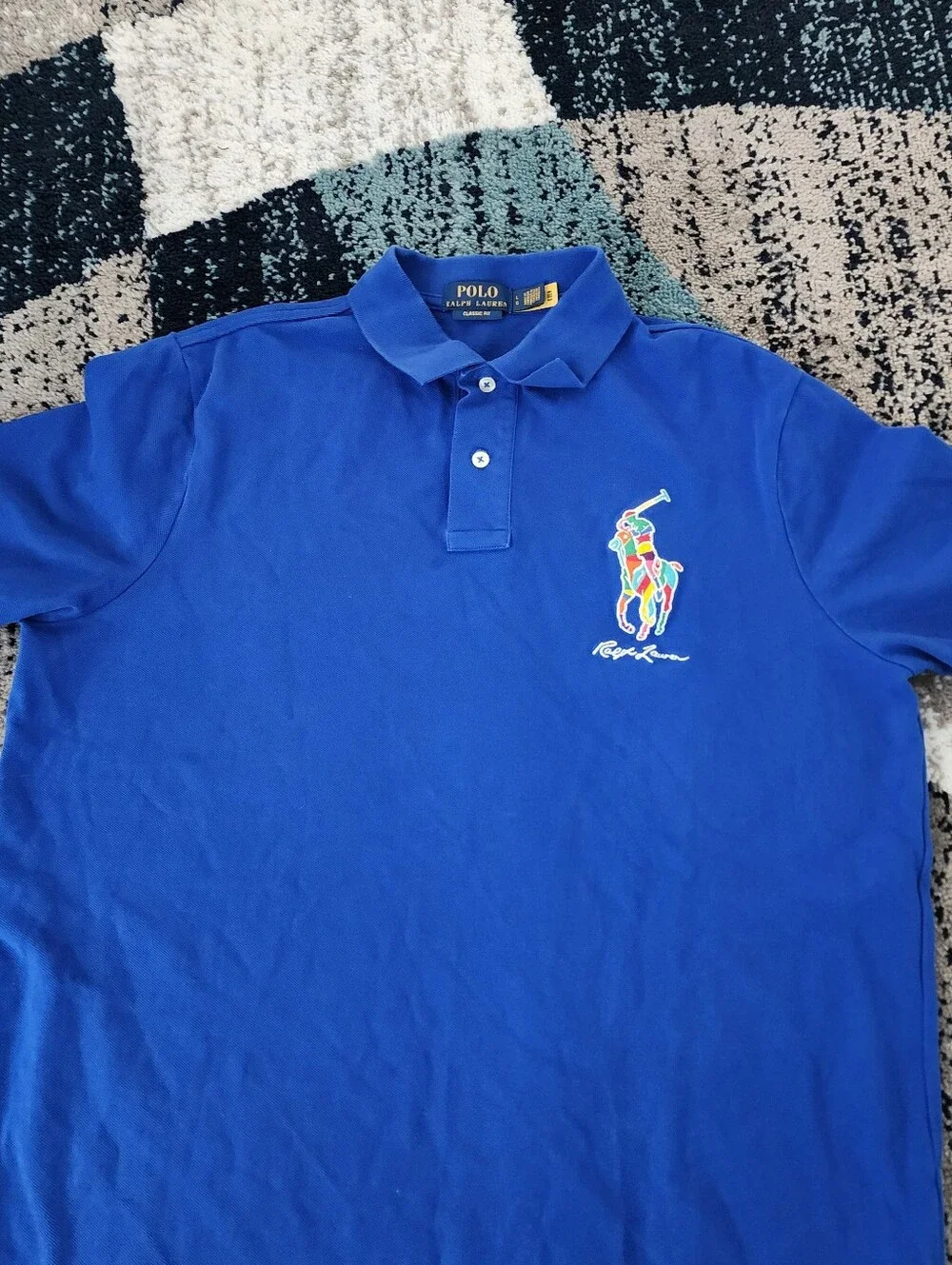 Ralph Lauren Men Blue Luxury Multicolor Big Ponny Logo Cotton Polo Size Large